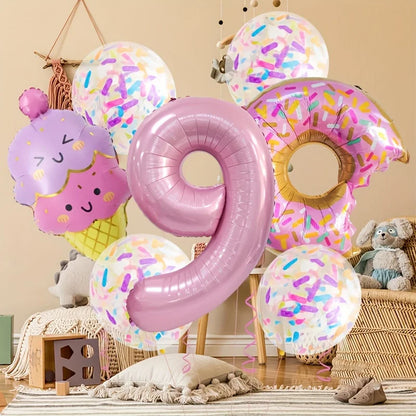 7-Piece Set of Cute Pink Donut Candy Foil Balloons 40inch Ice Cream Themed Birthday Party Scene Decoration Photo Props Indoor and Outdoor Decoration Cool Summer Gifts Anniversary Supplies, Halloween Decorations, Christmas Dec
