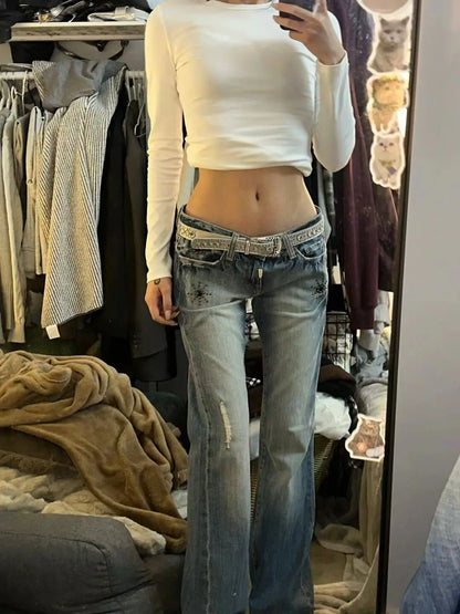 American Vintage Y2K Low Waist Bell Bottom Jeans Women's Wear Faded Slimming Crack Design Heavy Duty Dragging Pants Straight Leg