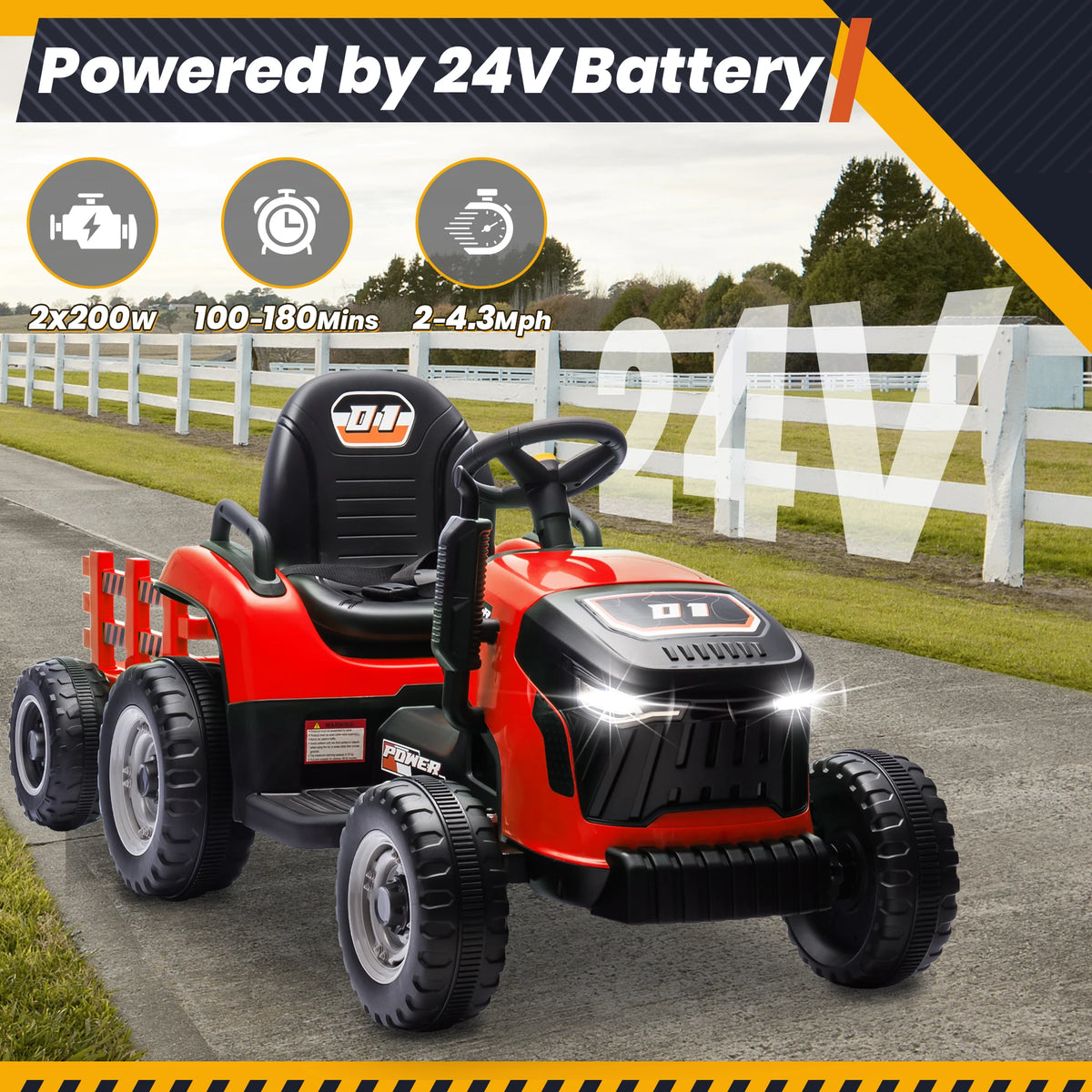24V Ride On Tractor for Kids, Electric Ride On Toys W/400W Motors, Tiltable & Detachable Trailer, Adjustable Seat, Bluetooth, Mu