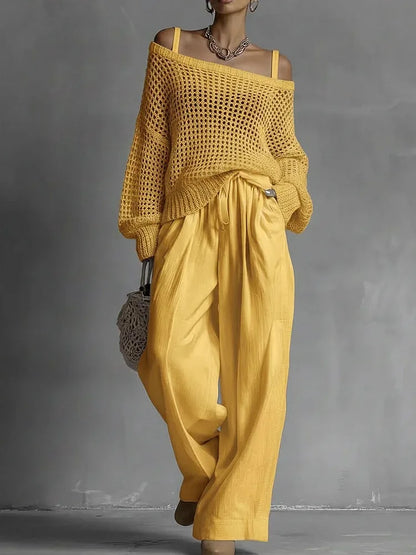 Vintage Women 2 Piece Outfit Off Shoulder Hollow Out Knit Sweater Top Elastic Drawstring Wide Leg Long Pants Casual Matching Set