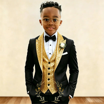 Black And Gold Sequin Boy's Suit Attire Peaked Lapel Children Wedding Party Tuxedos 3 Pieces Sets costume garçon cérémonie 2026