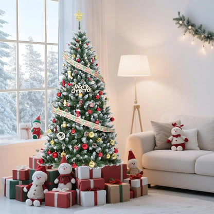 Pre-Lit Flocked Artificial Christmas Tree 6‘/9’ with Warm White LED Lights, Realistic Pine Branches, Snow Covered Xmas Tree, Slim Space Saving Design, Sturdy Metal Stand, Indoor Outdoor Holiday Decoration