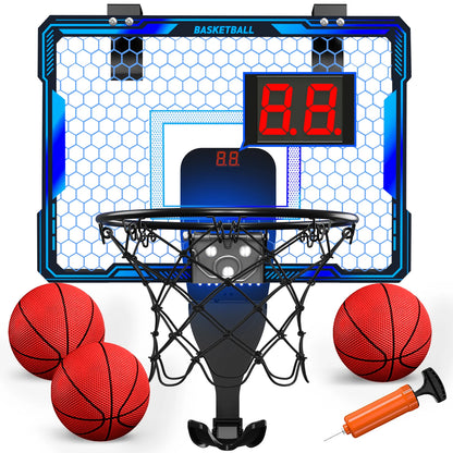 Mini Indoor Basketball Hoop with 7 LED Lights Scoreboard 3 Play Modes Adjustable Volume over Door Foldable for Kids Adults