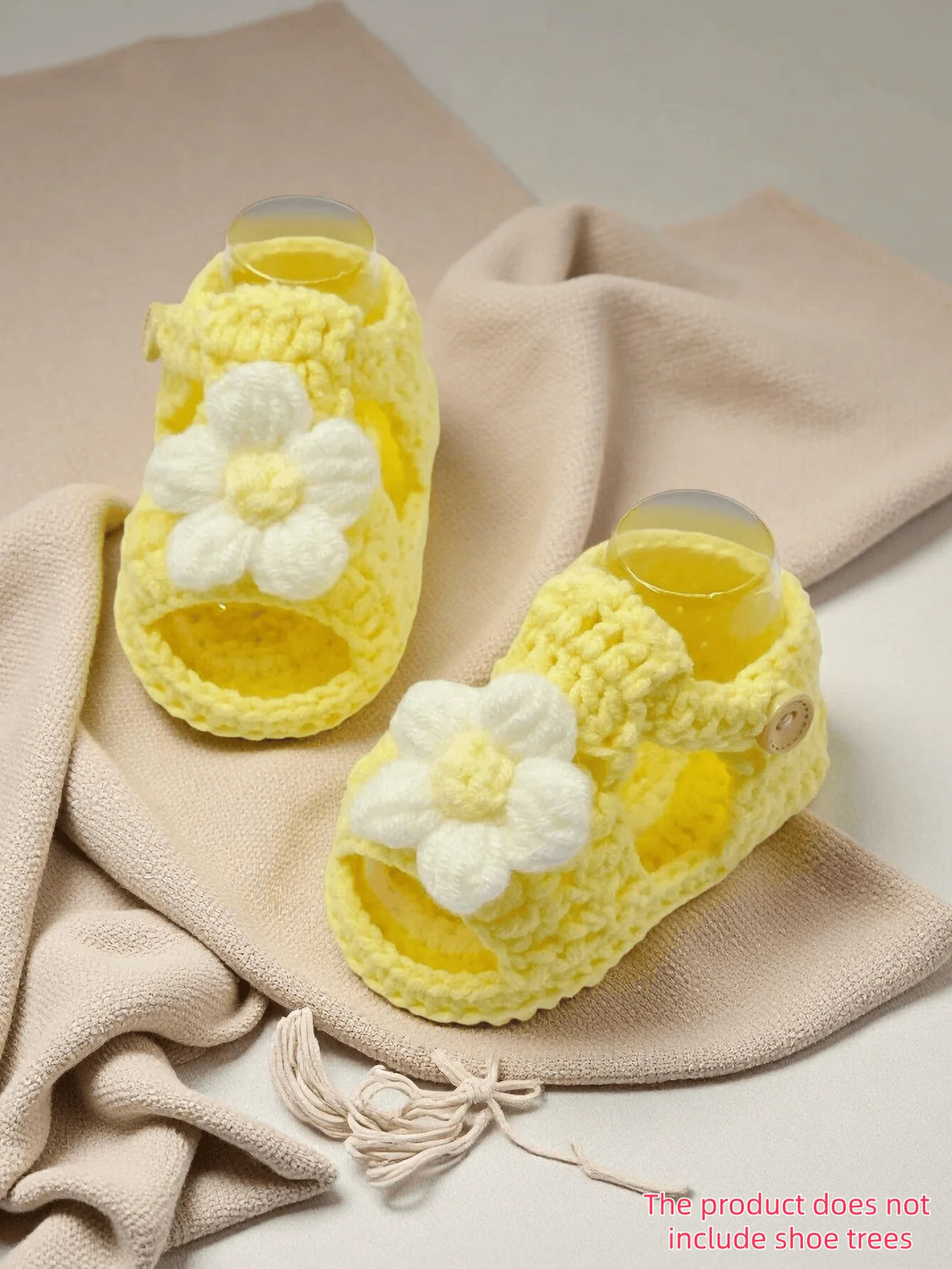 1 Pair Crochet Baby Girl Sandal Booties, Pink, Daisy Flower Accent with Button Strap, Infant Shoes