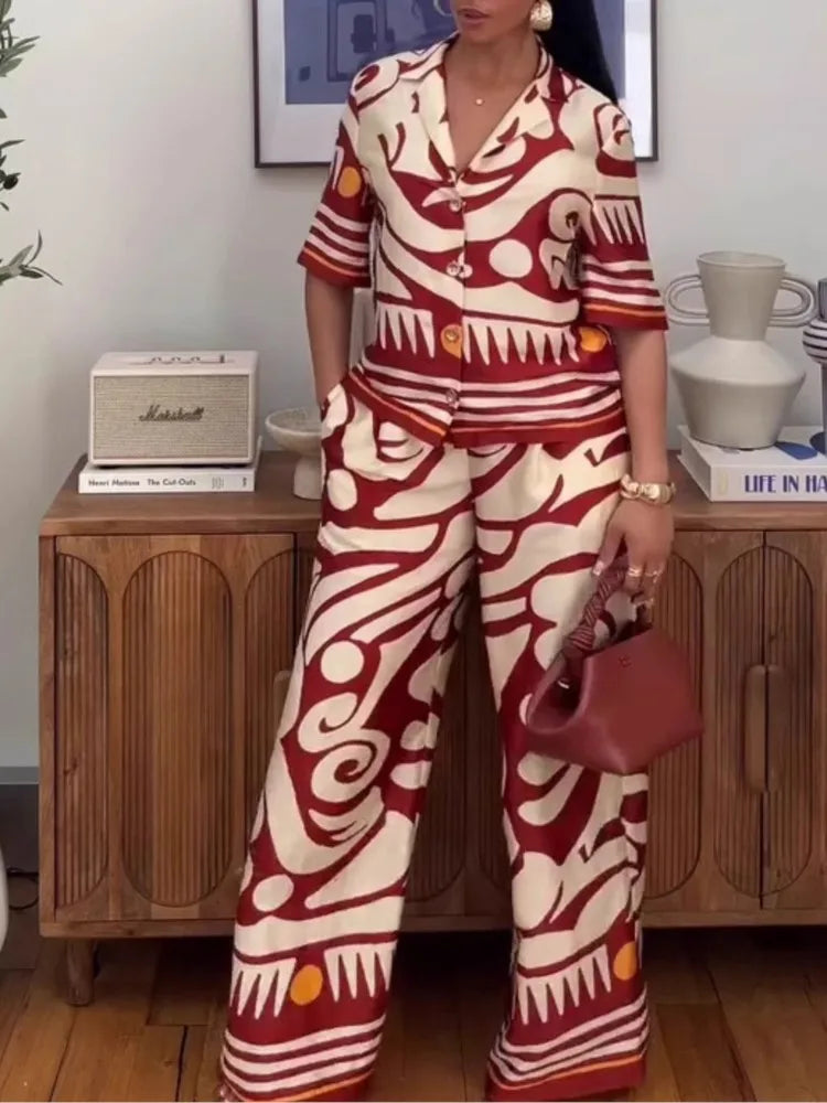New Fashion Printed Two-piece Set Women's Short-sleeved Lapel Top High-waisted Wide-leg Pants Set Temperament Elegant Clothing