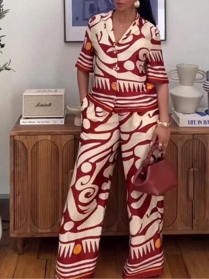 New Fashion Printed Two-piece Set Women's Short-sleeved Lapel Top High-waisted Wide-leg Pants Set Temperament Elegant Clothing