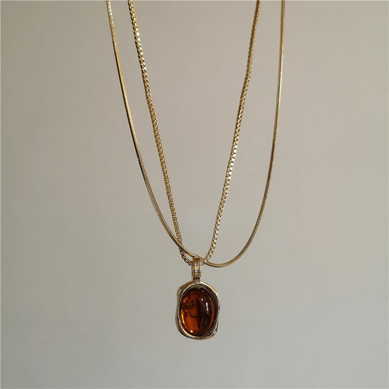 Vintage Leather Brown Stone Sun Pendant Beaded Choker Clavicle Chain Necklace For Women Unique Y2K Personalized Grunge Jewelry