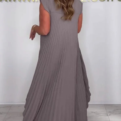 Summer Solid Casual Holiday Two Piece Sets Elegant Women Pleated Irregular O Neck Sleeveless Top + Wide-leg Pants Loose Outfits