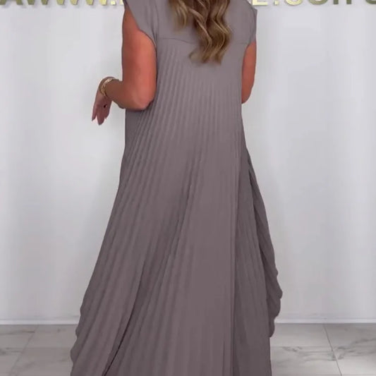 Summer Solid Casual Holiday Two Piece Sets Elegant Women Pleated Irregular O Neck Sleeveless Top + Wide-leg Pants Loose Outfits