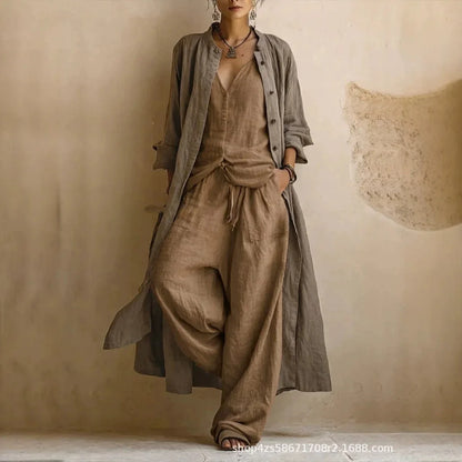 Women Casual Loose Long Sleeve 3 Piece Suits Autumn Vintage Solid Street Outfits Sexy V-neck Top + Long Pant + Cardigan Set