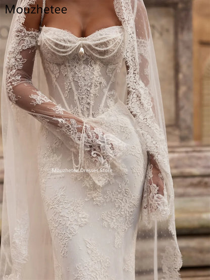 Mouzhetee Mermaid Elegant Pearls Lace Strapless Wedding Dresses Simple Sleeveless Brides Gown Custom Made 2026