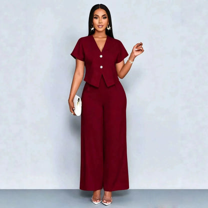 Summer Elegant 2 Piece Suit For Women V Neck Short Sleeve Blouse Top High Waist Wide Leg Pants Set Casual Business Office Outfit