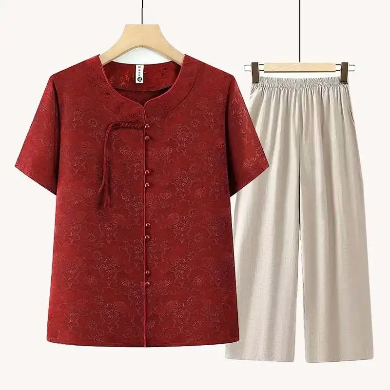 Women's New Chinese Style Short Sleeve Shirt Pants Set Summer Casual Two Piece Outfit for Elderly Mothers