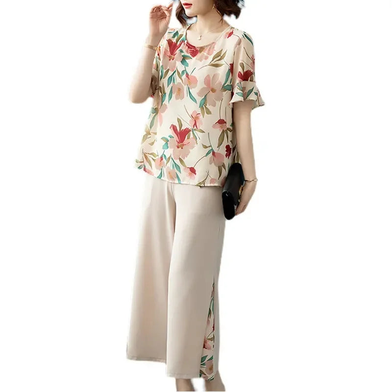 Summer Ladies Fashion Printing Wide Leg Pants 2PCS 2025 Women Short Sleeve Pantalons Outfit Korean Femme Chiffon Two-piece Set