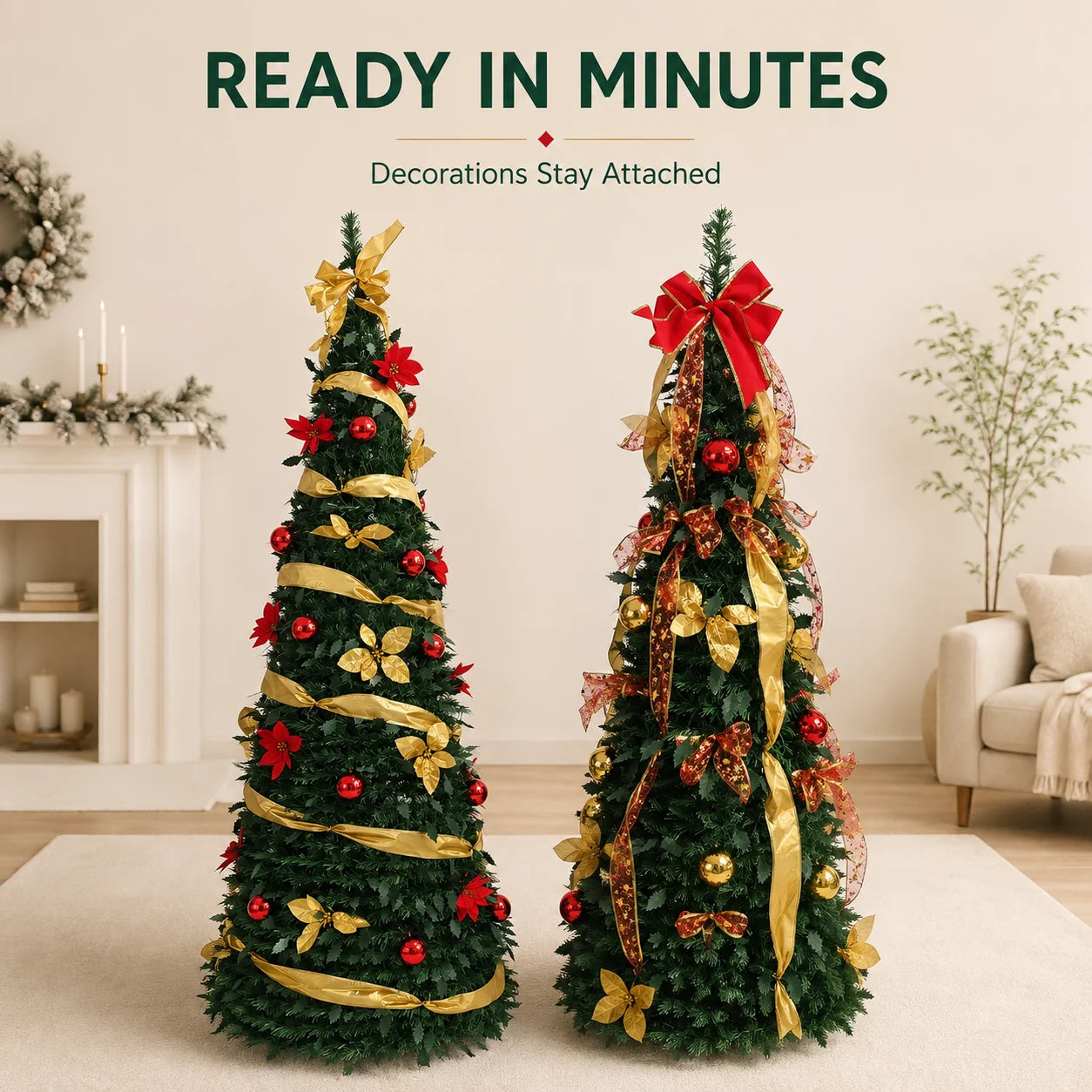 Retractable Foldable Pre‑decorated Christmas Tree with Ornaments Space Saving Storage Xmas Decoration for Holiday Indoor Gift