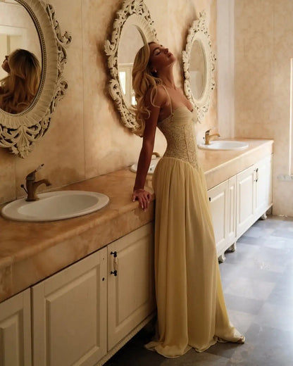 Sexy Yellow Lace Corset Maxi Dress Women's Spaghetti Strap Ruched Bust Flowy Chiffon Long Gowns 2026 Lady Evening Party Wear