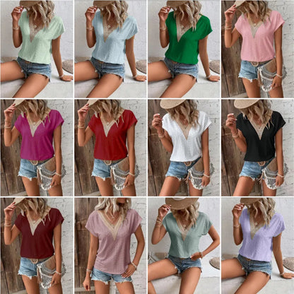 Elegant Women's Top Short Sleeved Tshirt Summer V-neck Lace Casual Solid Color Bat Sleeve T-shirt Y2k  Women's T-shirts Футболки