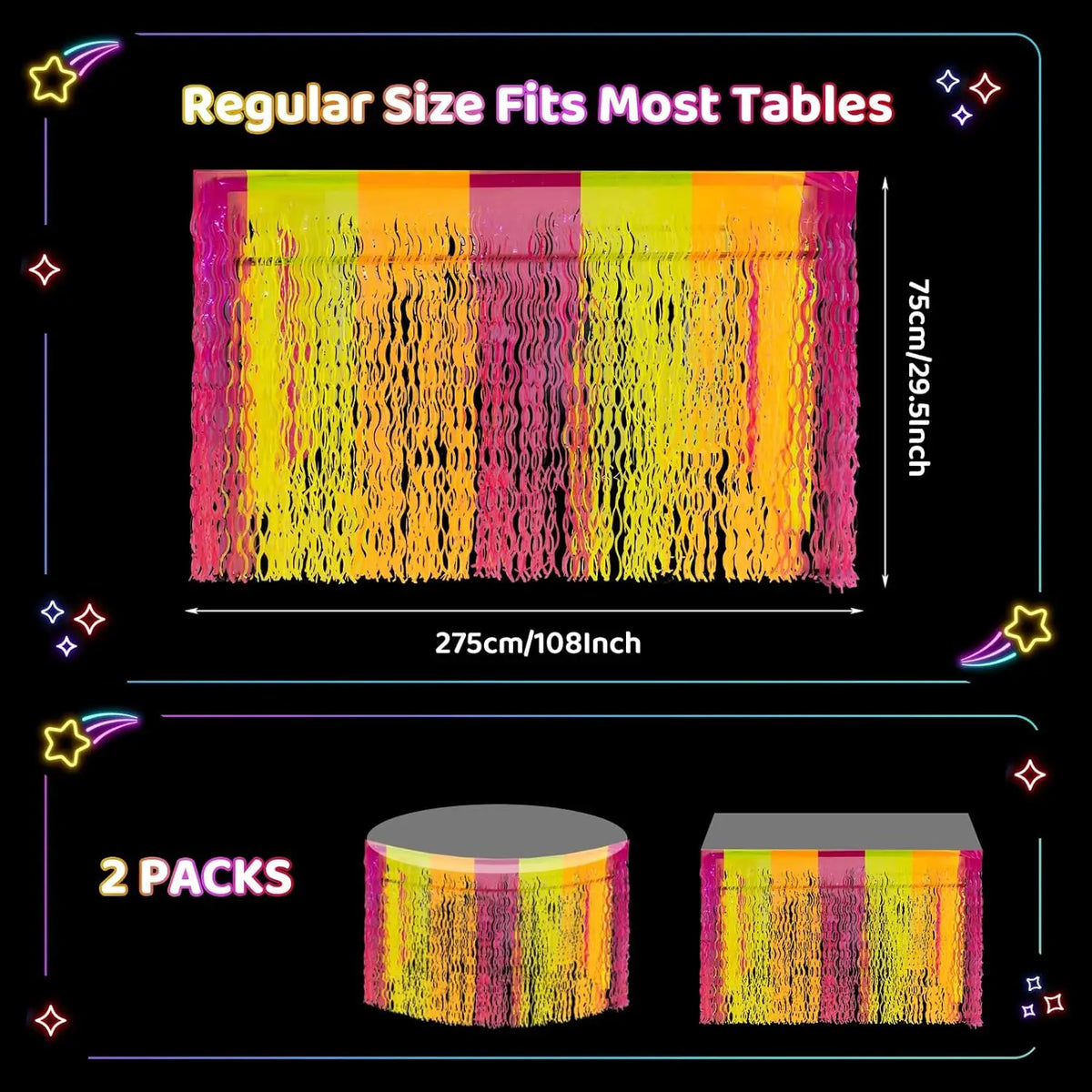 Neon Fluorescent Orange Yellow Fuchsia Wavy Metallic Tinsel Foil Fringe Table Skirts Glow in The Dark Party Supplies Glow Decors