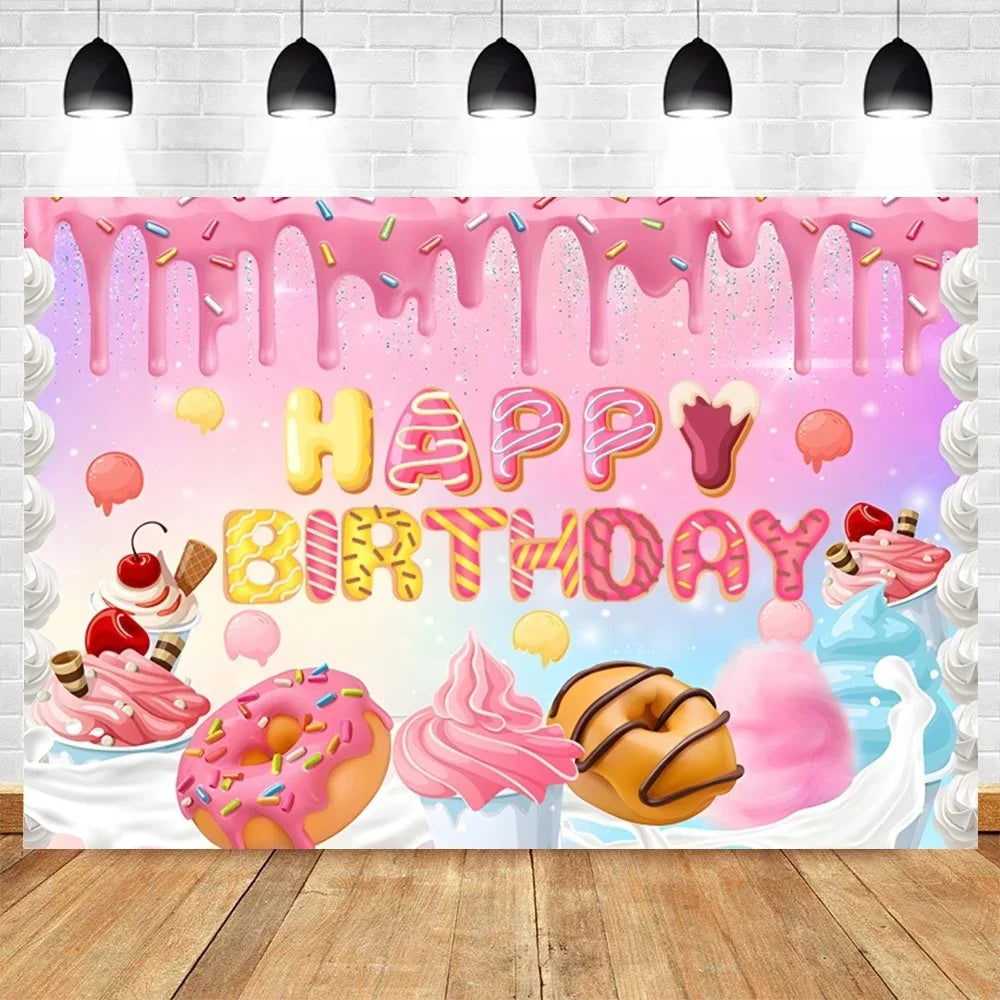 Donut Ice Cream Candy Photography Background 1st Birthday Party Decor Cake Table Banner Children Portrait Photo Studio Props