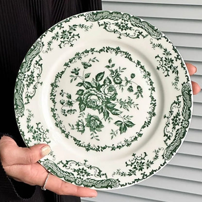 Dinner Set Retro Nordic Flower Pattern Disc Round Ceramic Dinner Plate Exquisite Light Luxury Shallow Plate Hotel
