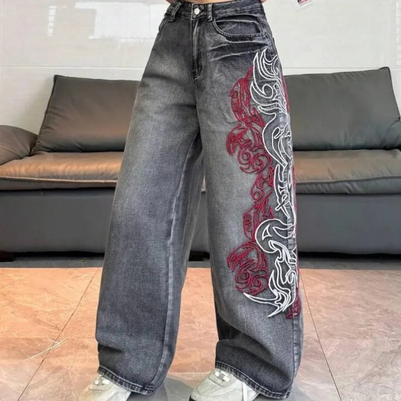 Vintage Dark Grey Fade Women High Waist Wide Leg Jeans Side Red White Abstract Embroidery Denim Summer 2026 Euro Street Pants