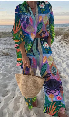 Summer Casual Shirts Two Piece Outfits 2 Pieces Set For Woman New In Matching Sets Blouse For Woman Temperament Vacation Printed