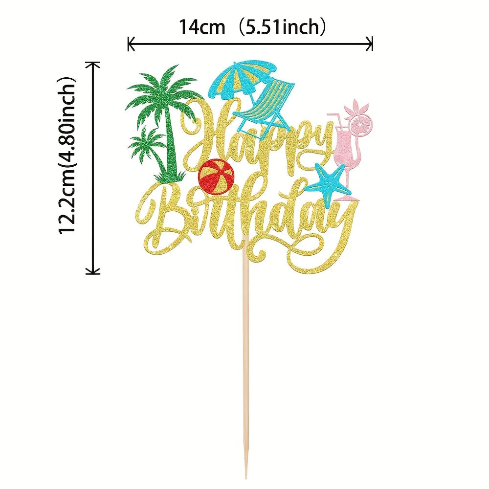 1Pc Hawaiian Beach Cake Topper Palm Tree Hibiscus Surfboard Happy Birthday Letter for Summer Pool Birthday Party Decor