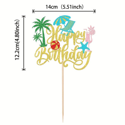 1Pc Hawaiian Beach Cake Topper Palm Tree Hibiscus Surfboard Happy Birthday Letter for Summer Pool Birthday Party Decor