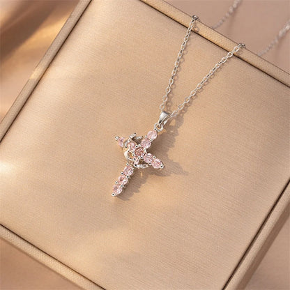 Exquisite Crown Cross Rhinestone Rotating Necklace for Women Fashion Copper Stainless Steel Necklace Party Banquet Jewelry Gift