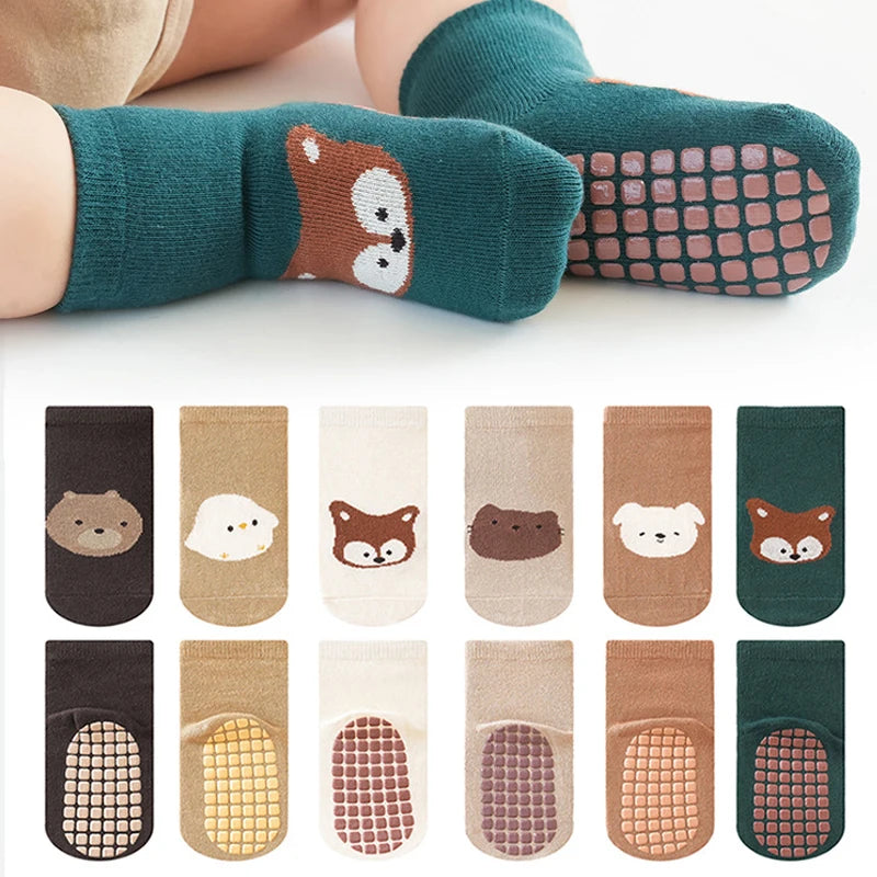 6 Pairs Cartoon Animal Baby Glue-On Socks, Kid's Anti-Slip Trampoline Socks, Suitable for Babies When They Are Learning to Walk