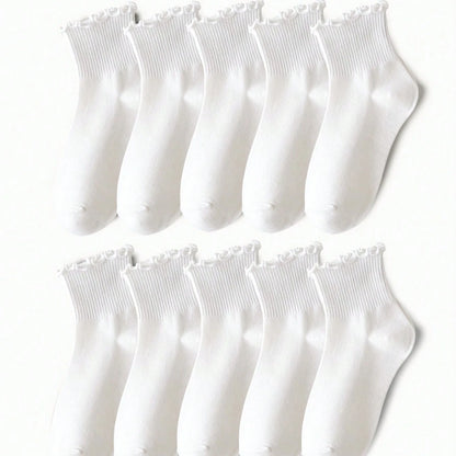 Women's Crew Socks with Ruffles, White and Black, Comfortable, Breathable, Moisture-Absorbing and Sweat-Wicking