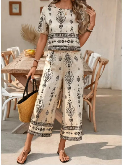 Fashion Ethnic Retro Printed Short-sleeved Women's Suit Summer New Casual Simple Elegant 7-minute Pants Female 2-piece Set 2026