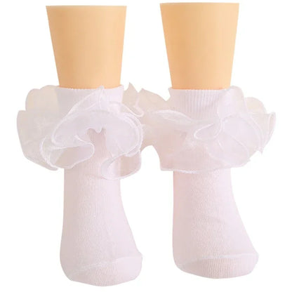 1 Pair Girls' Puffy Lace Socks Children's Combed Cotton Lace Lace Socks Baby Girl Skirt Accessories Solid Color Socks