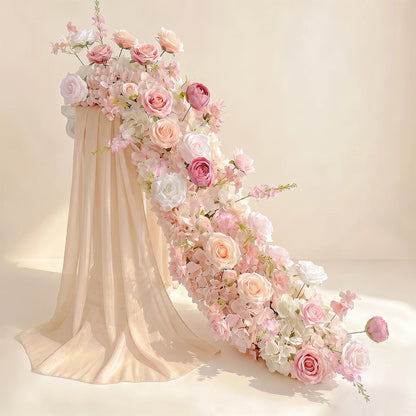Uflower Pink Rose  Wedding Backdrop Decor Floor Flower Runner Event Table Centerpieces Silk Floral Strip Arrangement Party Props