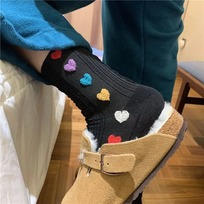 New Women Socks Cute Love With Heart Print Sock Cotton Harajuku Vintage Happy Female Dots Heart Kawaii Sox White Pink Crew Sock