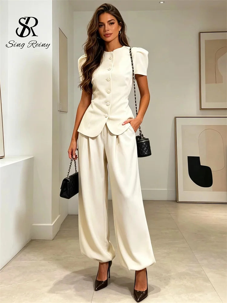 SINGREINY Women Pant Set Two Piece Sets Round Neck Short Sleeve Coats Tops+Wide Leg Long Pants Y2k Streetwear Elegant 2026 Suits