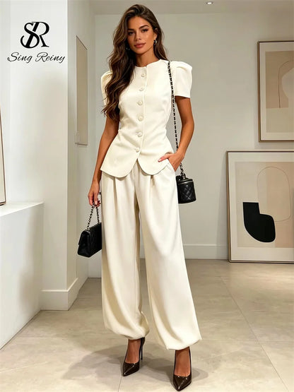 SINGREINY Women Pant Set Two Piece Sets Round Neck Short Sleeve Coats Tops+Wide Leg Long Pants Y2k Streetwear Elegant 2026 Suits