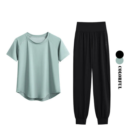 DRUR S-4XL Yoga Set Women Sport Shirts Gym Pants Set 2 Piece Short Fitness Tops Sweatpants Suit Female Summer Sportswear Outfit