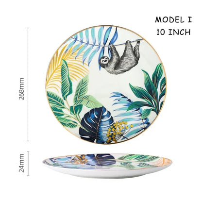 Dinnerware Set Colorful Forest Animal Design Plate Steak Tray Flat Ceramic Tableware 10inch Dish Christmas Gift Gold