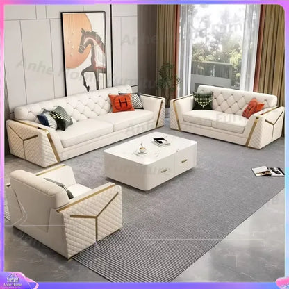 Modern Luxury White Leather Chesterfield Sofa Tufted Couch Living Room Furniture 3 Seater Loveseat Hotel Villa Sponge Filled