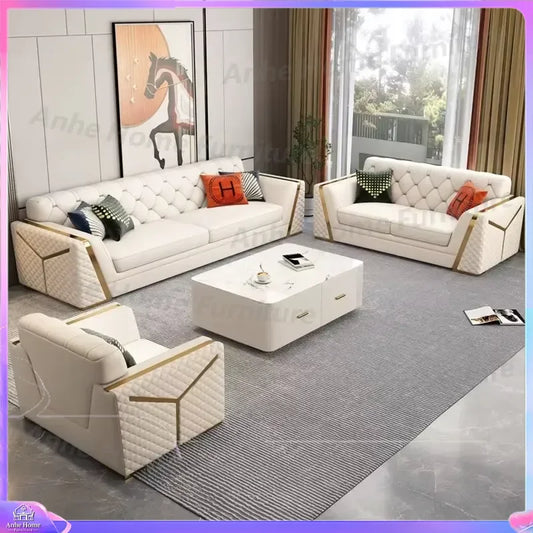 Modern Luxury White Leather Chesterfield Sofa Tufted Couch Living Room Furniture 3 Seater Loveseat Hotel Villa Sponge Filled