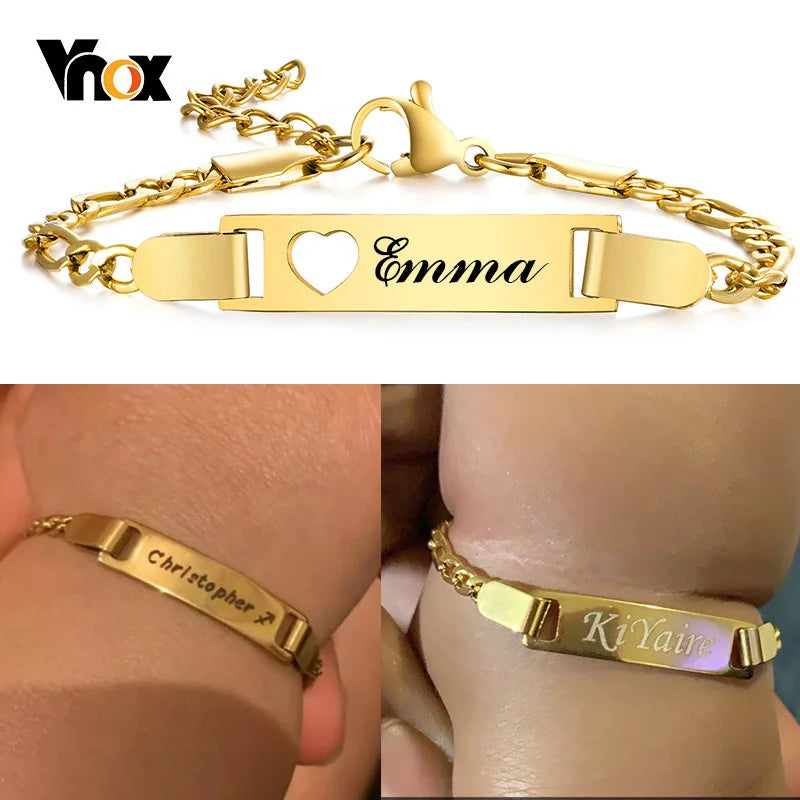 Vnox Custom Baby Girls Bracelets,Anti Allergy Stainless Steel Bracelet for Newborn Mom,Personalized Name Birthday Boy Girls Gift