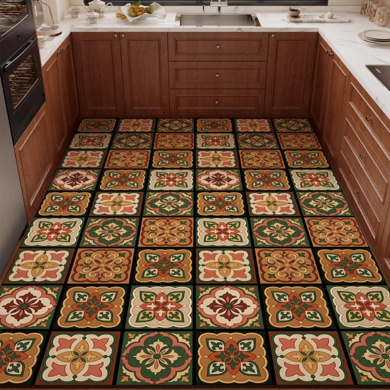 PVC Kitchen Carpet Waterproof Non-Slip Oil-proof Leather Floor Mat Large Size Rug Retro American-Style Home Decor Rugs Alfombra