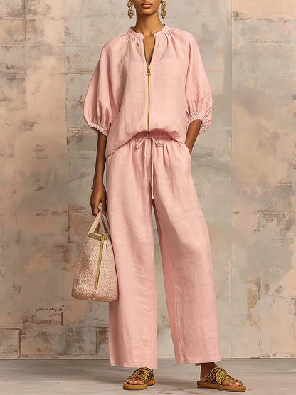 Women's Casual Solid Color Cozy Pant Set Chic Laple Zipper Short Sleeve Shirt Elasticity Waist Pant Suit Women New Two Piece Set