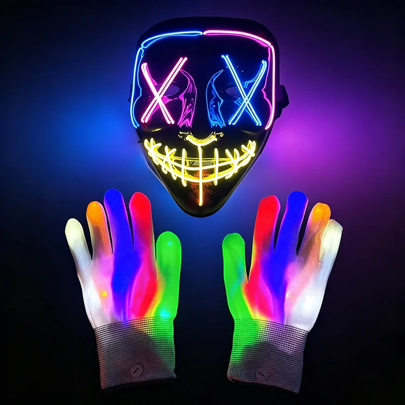 Wireless LED Neon Purge Mask & Fiber Optic Gloves, Scary Glow In Dark Mask for Halloween Carnival Cosplay Bar Birthday Party