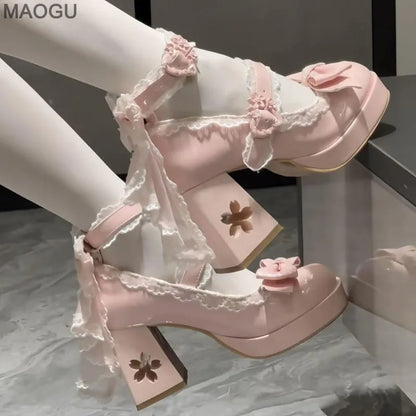 Lovely Girls Pink Lolita Butterfly Knot High Heels Platform Shoes for Women Cute Sakura Dress Mary Janes Beige Size 34-42