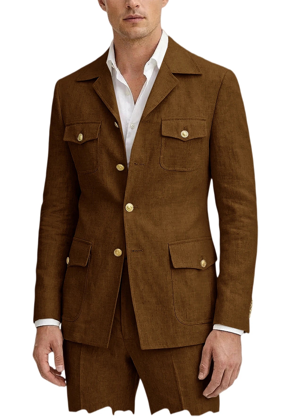 Men's Linen Suit 2 Piece Blazer Pants Set Multi-Pocket Safari Style Slim Fit Formal Business Casual Jacket Trousers for Summer