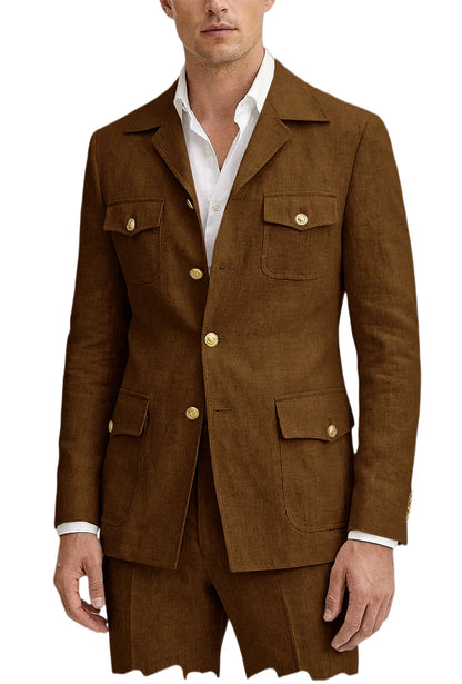 Men's Linen Suit 2 Piece Blazer Pants Set Multi-Pocket Safari Style Slim Fit Formal Business Casual Jacket Trousers for Summer