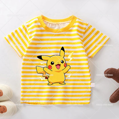 Cartoon Pokemon Stripe T Shirt Cute Pikachu Eevee Bulbasaur Baby Boy Girl Summer Tops Kawaii Toddler Short Sleeve Tee Shirts