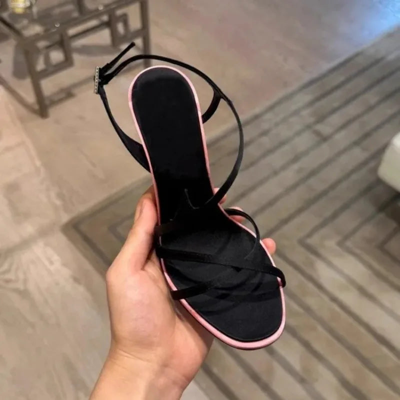 Women Satin Colorblock Stiletto High Heels Square Toe Rhinestone Buckle Ankle Strap Sandals Summer Party Prom Formal Dress Shoes